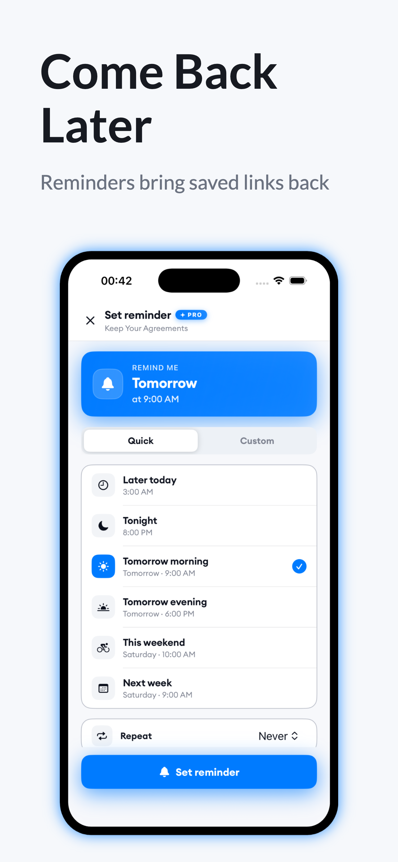 Come Back Later — Set reminder for a saved bookmark